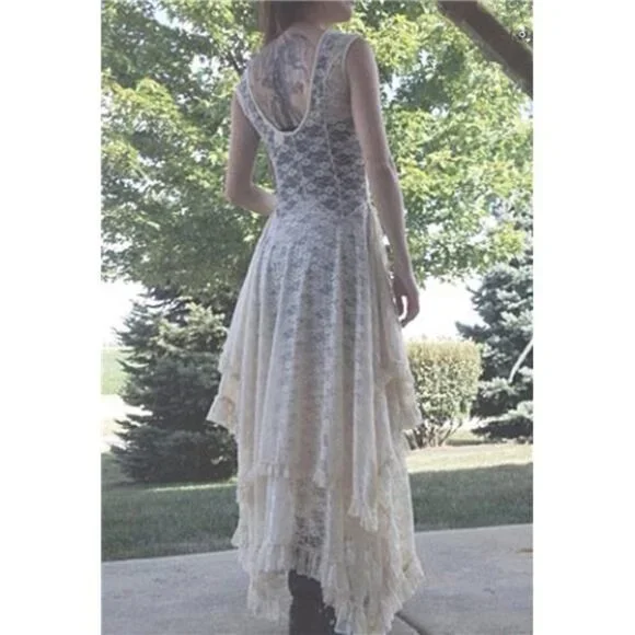 Off White Cream Lace Sleeveless Asymmetrical Layered Lace Tiered Long Midi Dress - Picture 2 of 6